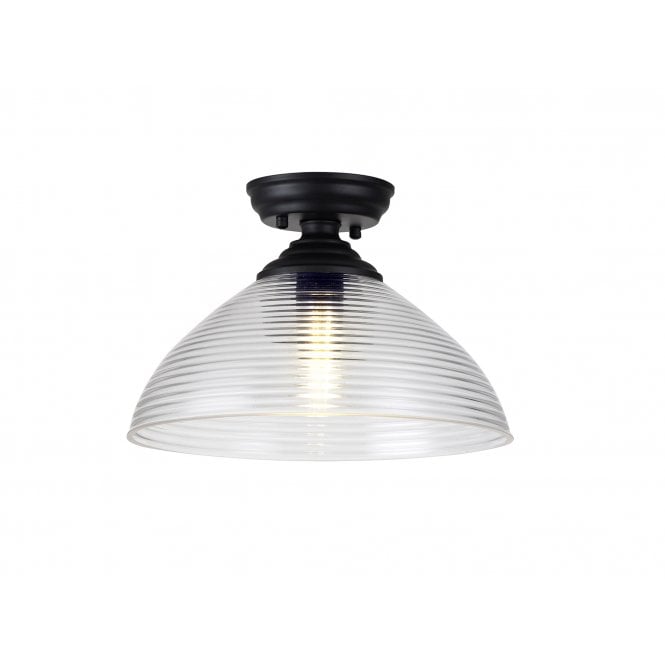 Fabula Fabula Mansfield Single Flush Light - 33.5cm Round Prismatic Effect Glass Shade - Matt Black & Clear Glass