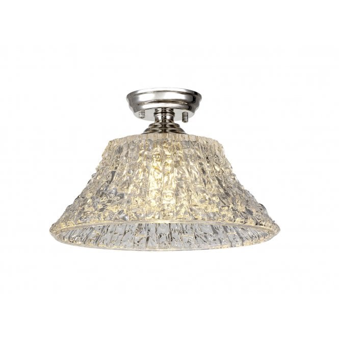 Fabula Fabula Mansfield Single Flush Light - 38cm Round Patterned Glass Shade - Polished Nickel & Clear Glass