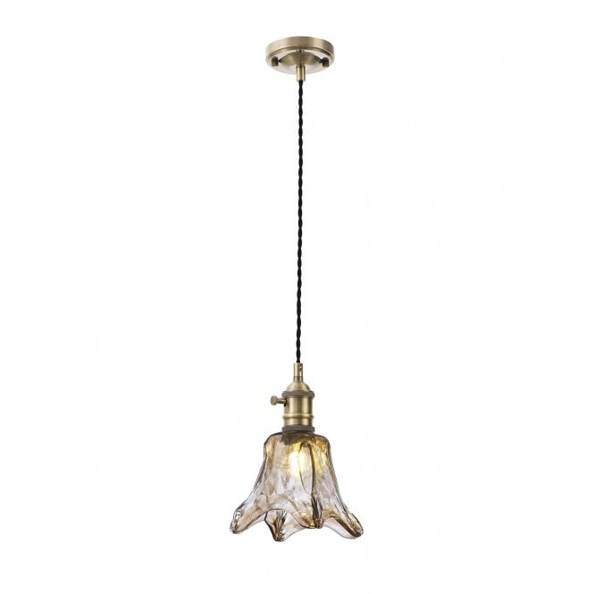 Fabula Fabula Merryhill Single Pendant - Antique Brass, Black Twisted Cable & Brown Flower Glass