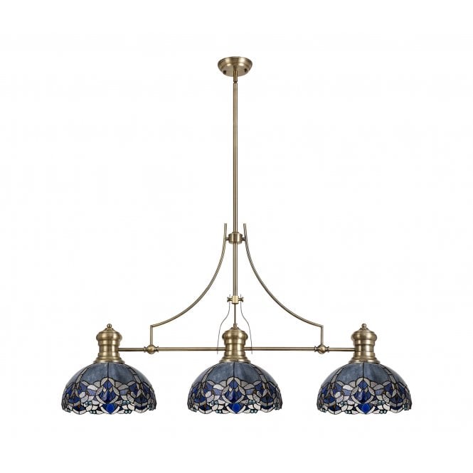 Fabula Fabula Newmans 3 Light Linear Pendant - 30cm Tiffany Shade - Antique Brass & Blue