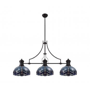 Newmans 3 Light Linear Pendant - 30cm Tiffany Shade - Matt Black & Blue