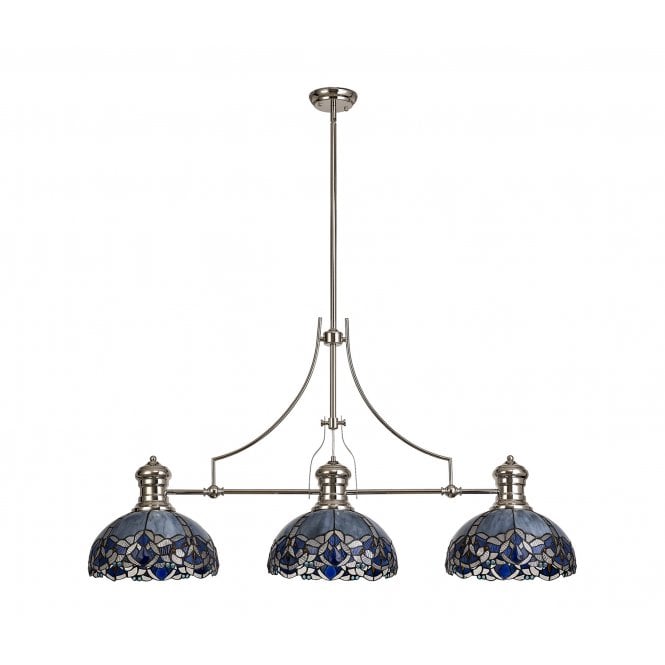 Fabula Fabula Newmans 3 Light Linear Pendant - 30cm Tiffany Shade - Polished Nickel & Blue