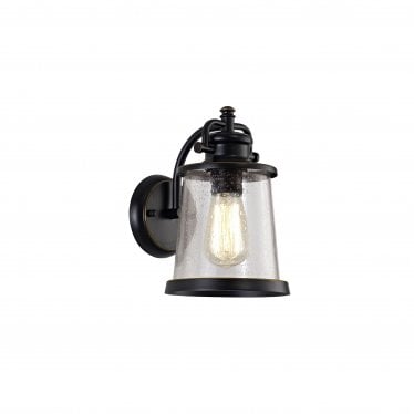 Nightingale Single Wall Lamp - Black/Gold & Seeded Clear Glass - IP54