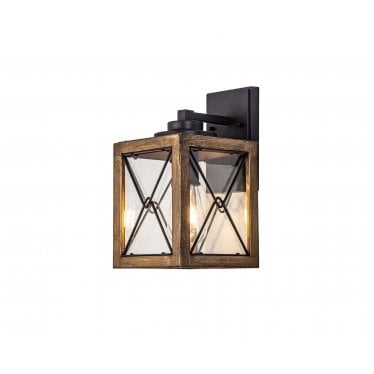 Sandford Small Single Wall Lamp - Wood Effect, Black & Clear Glass - IP54