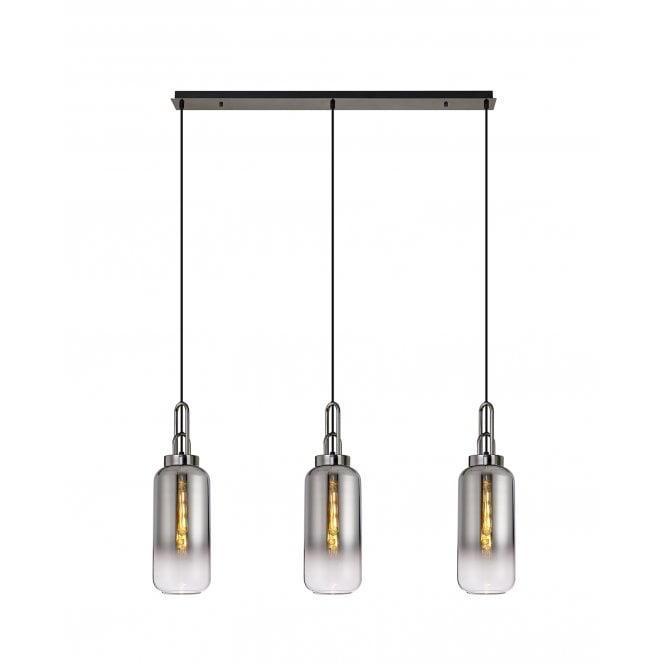 Fabula Fabula Springfield 3 Light Linear Pendant - 16cm Cylinder Glass Shades - Black Chrome & Smoked Fade Glass