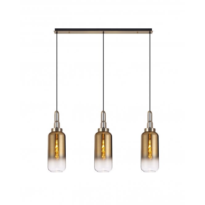 Fabula Fabula Springfield 3 Light Linear Pendant - 16cm Cylinder Glass Shades - Brass Gold & Brass Gold Fade Glass