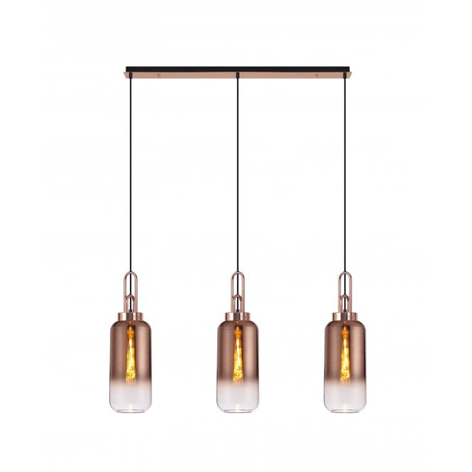 Fabula Fabula Springfield 3 Light Linear Pendant - 16cm Cylinder Glass Shades - Copper & Copper Fade Glass