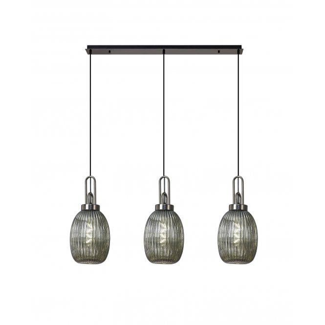 Fabula Fabula Springfield 3 Light Linear Pendant - 20cm Almond Ribbed Glass Shades - Black Chrome & Smoked Glass