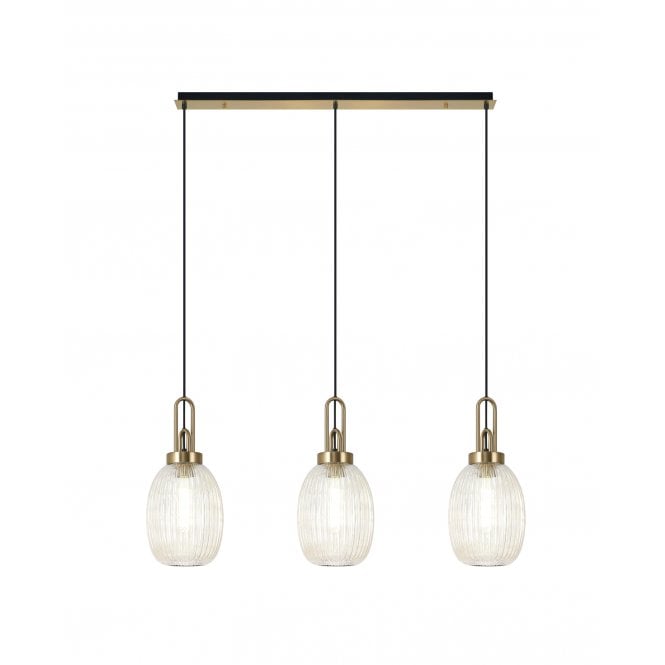 Fabula Fabula Springfield 3 Light Linear Pendant - 20cm Almond Ribbed Glass Shades - Brass Gold & Champagne Glass