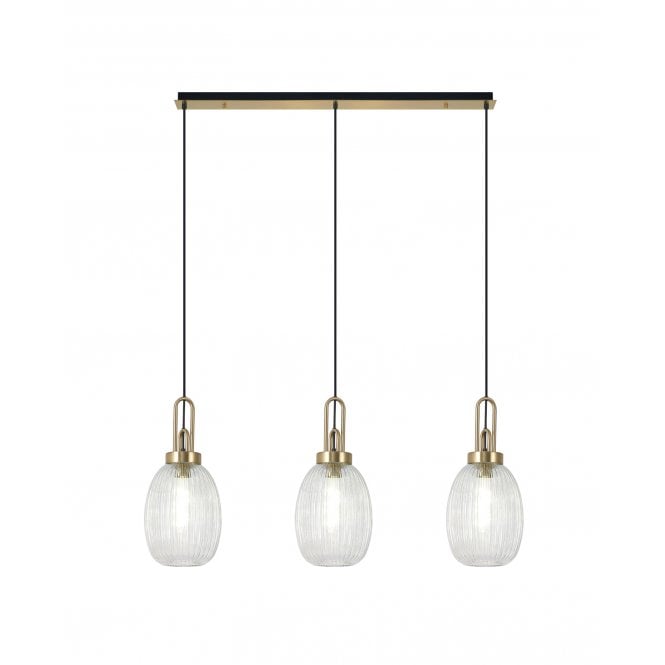 Fabula Fabula Springfield 3 Light Linear Pendant - 20cm Almond Ribbed Glass Shades - Brass Gold & Clear Glass