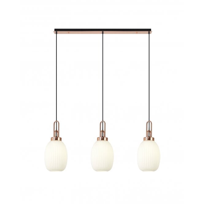 Fabula Fabula Springfield 3 Light Linear Pendant - 20cm Almond Ribbed Glass Shades - Copper & Opal Glass