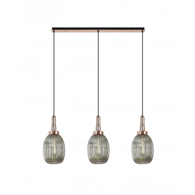 Fabula Fabula Springfield 3 Light Linear Pendant - 20cm Almond Ribbed Glass Shades - Copper & Smoked Glass