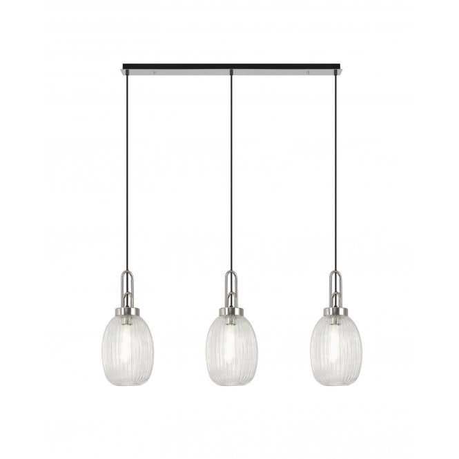 Fabula Fabula Springfield 3 Light Linear Pendant - 20cm Almond Ribbed Glass Shades - Polished Nickel & Clear Glass