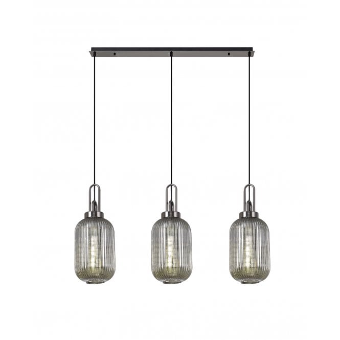 Fabula Fabula Springfield 3 Light Linear Pendant - 20cm Tubular Ribbed Glass Shades - Black Chrome & Smoked Glass