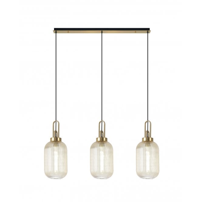 Fabula Fabula Springfield 3 Light Linear Pendant - 20cm Tubular Ribbed Glass Shades - Brass Gold & Champagne Glass