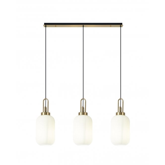 Fabula Fabula Springfield 3 Light Linear Pendant - 20cm Tubular Ribbed Glass Shades - Brass Gold & Opal Glass