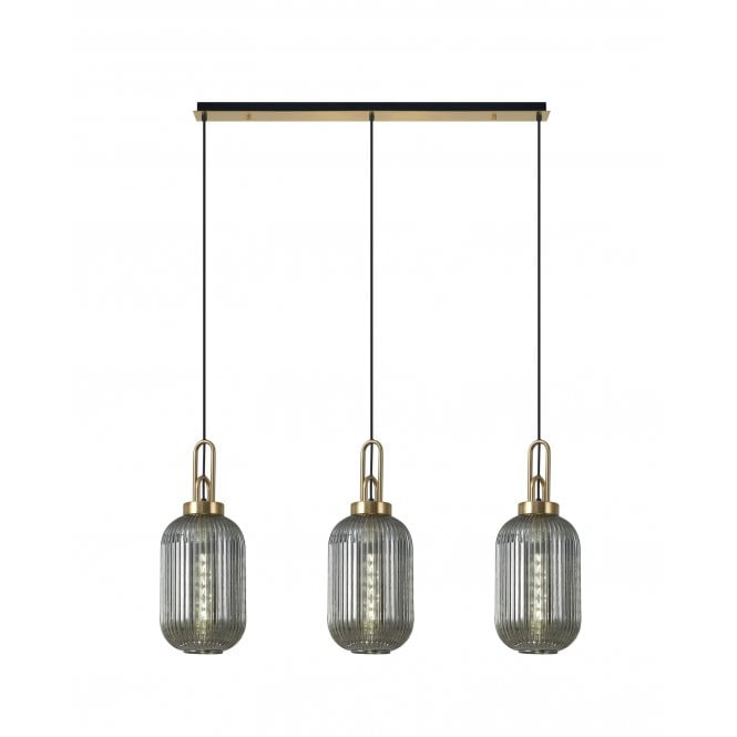 Fabula Fabula Springfield 3 Light Linear Pendant - 20cm Tubular Ribbed Glass Shades - Brass Gold & Smoked Glass