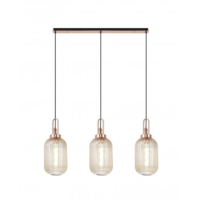 Fabula Fabula Springfield 3 Light Linear Pendant - 20cm Tubular Ribbed Glass Shades - Copper & Champagne Glass