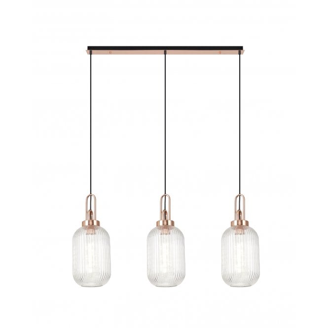 Fabula Fabula Springfield 3 Light Linear Pendant - 20cm Tubular Ribbed Glass Shades - Copper & Clear Glass