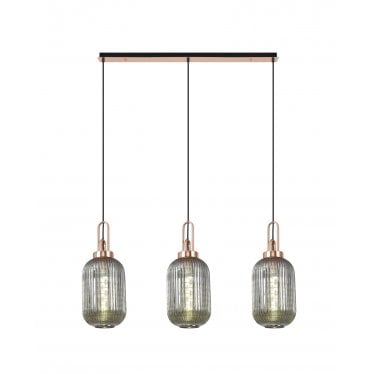 Springfield 3 Light Linear Pendant - 20cm Tubular Ribbed Glass Shades - Copper & Smoked Glass