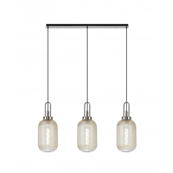 Fabula Fabula Springfield 3 Light Linear Pendant - 20cm Tubular Ribbed Glass Shades - Polished Nickel & Champagne Glass