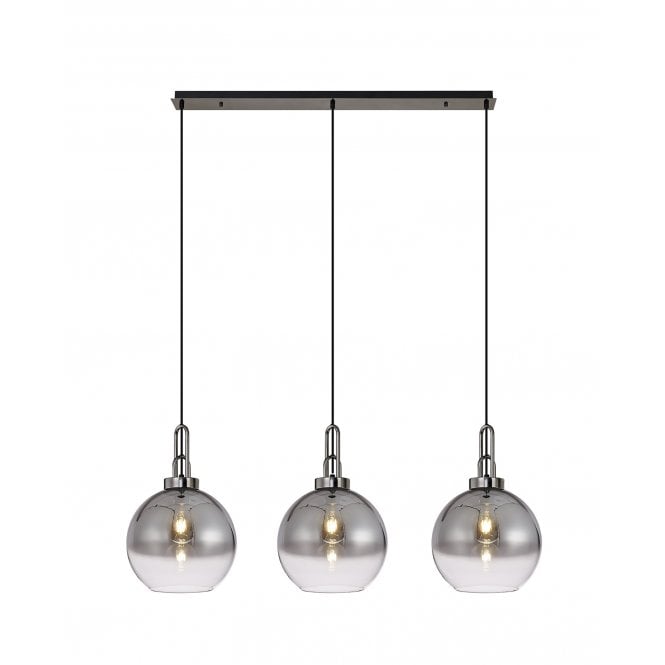 Fabula Fabula Springfield 3 Light Linear Pendant - 30cm Globe Glass Shades - Black Chrome & Smoked Fade Glass