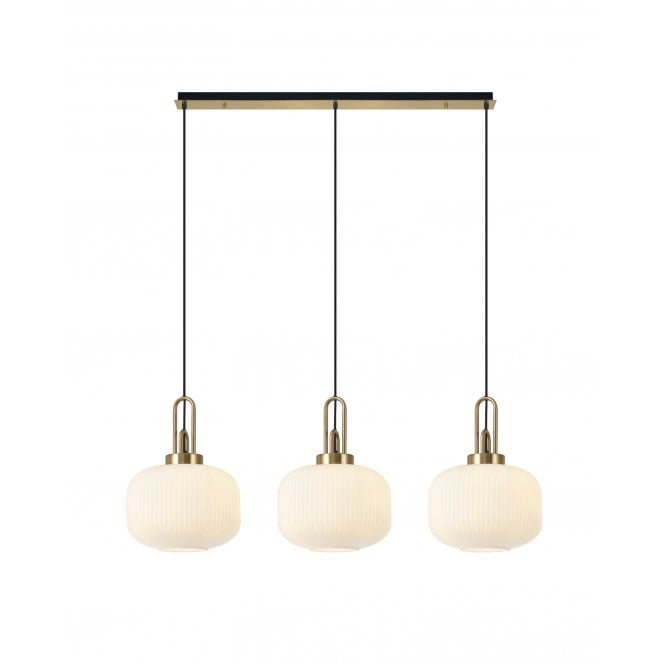 Fabula Fabula Springfield 3 Light Linear Pendant - 30cm Pumpkin Shaped Ribbed Glass Shades - Black Chrome & Opal Glass