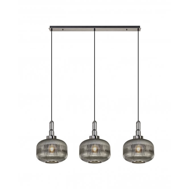 Fabula Fabula Springfield 3 Light Linear Pendant - 30cm Pumpkin Shaped Ribbed Glass Shades - Black Chrome & Smoked Glass