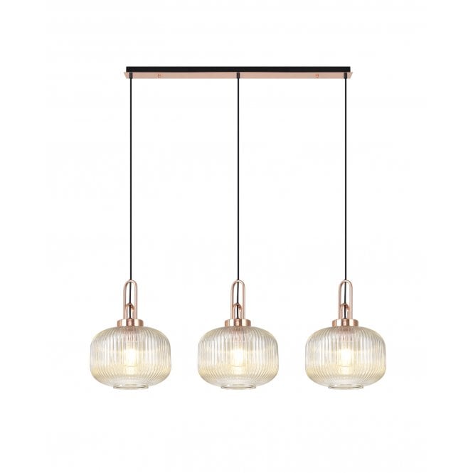 Fabula Fabula Springfield 3 Light Linear Pendant - 30cm Pumpkin Shaped Ribbed Glass Shades - Copper & Champagne Glass