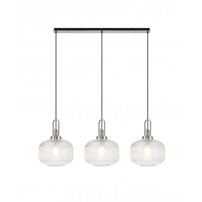 Fabula Fabula Springfield 3 Light Linear Pendant - 30cm Pumpkin Shaped Ribbed Glass Shades - Polished Nickel & Clear Glass