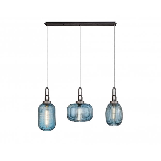 Fabula Fabula Springfield 3 Light Linear Pendant - Mixed Glass Shades - Aged Pewter & Petrol Blue Glass