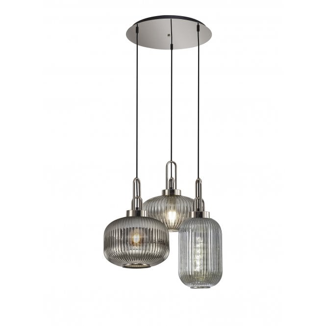 Fabula Fabula Springfield 3 Light Round Pendant - Mixed Glass Shades - Polished Nickel & Smoked Fade Glass