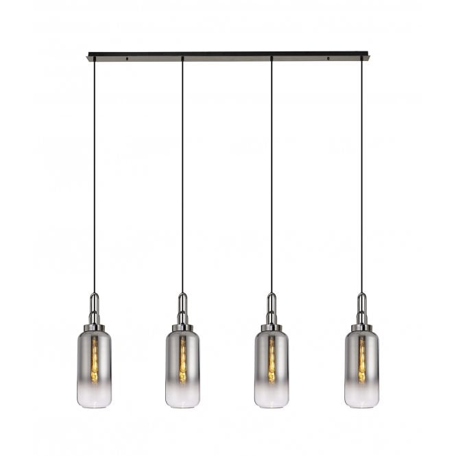 Fabula Fabula Springfield 4 Light Linear Pendant - 16cm Cylinder Glass Shades - Black Chrome & Smoked Fade Glass