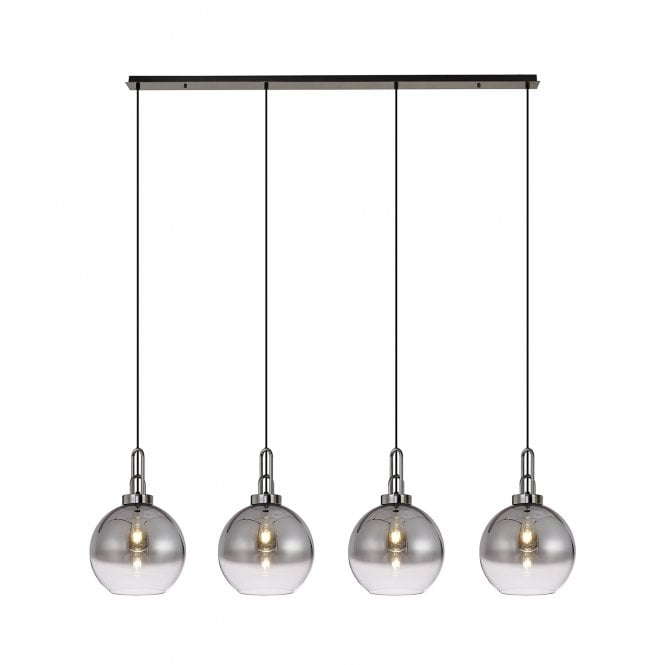 Fabula Fabula Springfield 4 Light Linear Pendant - 30cm Globe Glass Shades - Black Chrome & Smoked Fade Glass