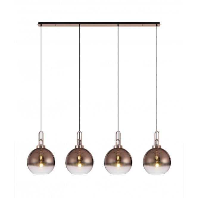 Fabula Fabula Springfield 4 Light Linear Pendant - 30cm Globe Glass Shades - Copper & Copper Fade Glass