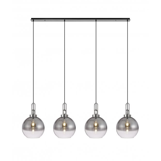 Fabula Fabula Springfield 4 Light Linear Pendant - 30cm Globe Glass Shades - Polished Nickel & Smoked Fade Glass