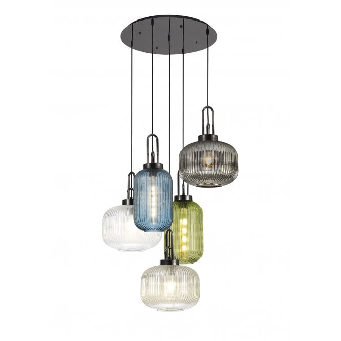 Fabula Fabula Springfield 5 Light Round Pendant - Mixed Glass Shades - Black Chrome & Multi-Colour Glass