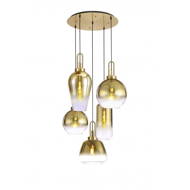 Fabula Fabula Springfield 5 Light Round Pendant - Mixed Glass Shades - Brass Gold & Multi-Colour Glass