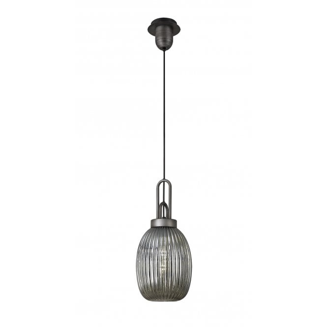 Fabula Fabula Springfield Single Pendant - 20cm Almond Ribbed Glass Shade - Aged Pewter & Smoked Glass