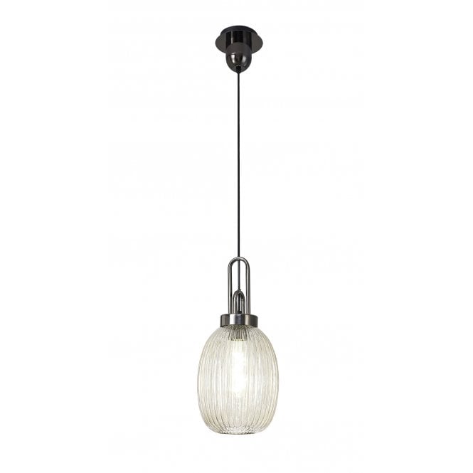 Fabula Fabula Springfield Single Pendant - 20cm Almond Ribbed Glass Shade - Black Chrome & Champagne Glass