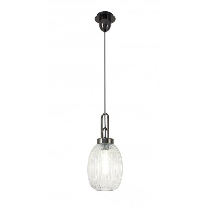 Fabula Fabula Springfield Single Pendant - 20cm Almond Ribbed Glass Shade - Black Chrome & Clear Glass