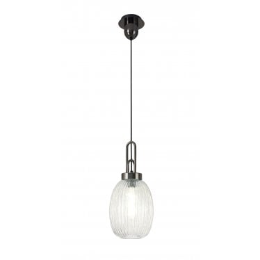 Springfield Single Pendant - 20cm Almond Ribbed Glass Shade - Black Chrome & Clear Glass