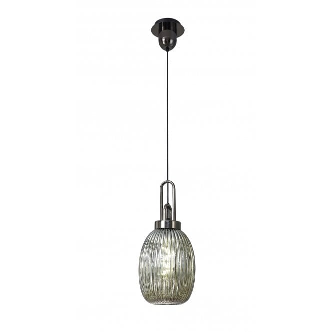 Fabula Fabula Springfield Single Pendant - 20cm Almond Ribbed Glass Shade - Black Chrome & Smoked Glass