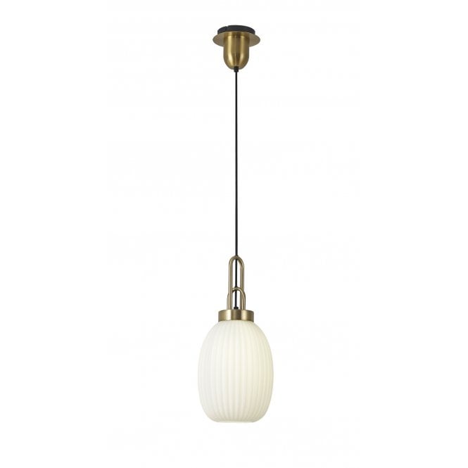 Fabula Fabula Springfield Single Pendant - 20cm Almond Ribbed Glass Shade - Brass Gold & Opal Glass