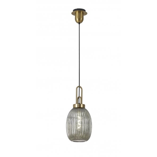 Fabula Fabula Springfield Single Pendant - 20cm Almond Ribbed Glass Shade - Brass Gold & Smoked Glass