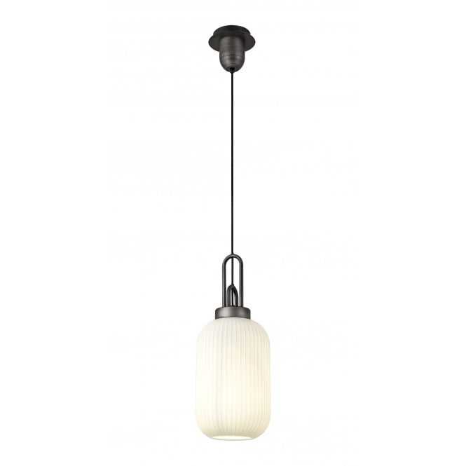 Fabula Fabula Springfield Single Pendant - 20cm Tubular Ribbed Glass Shade - Aged Pewter & Opal Glass