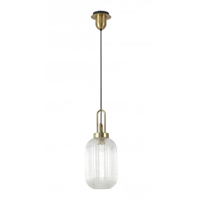 Fabula Fabula Springfield Single Pendant - 20cm Tubular Ribbed Glass Shade - Brass Gold & Clear Glass