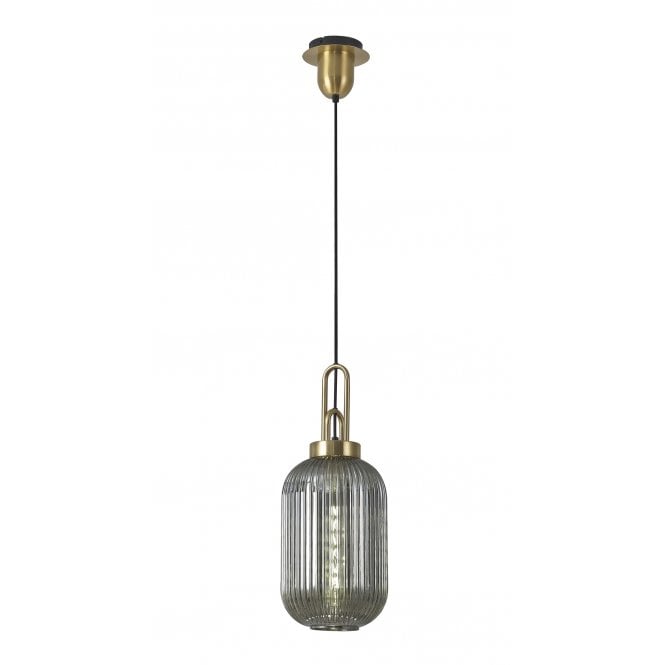 Fabula Fabula Springfield Single Pendant - 20cm Tubular Ribbed Glass Shade - Brass Gold & Smoked Glass