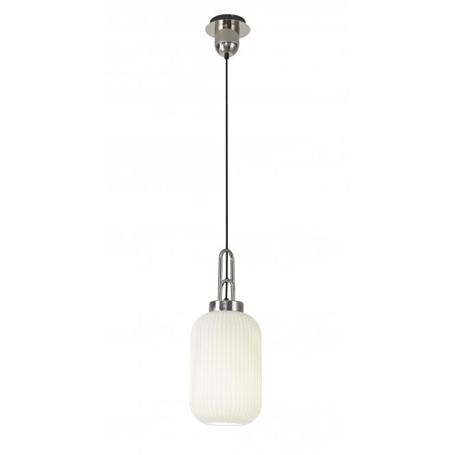 Fabula Fabula Springfield Single Pendant - 20cm Tubular Ribbed Glass Shade - Polished Nickel & Opal Glass