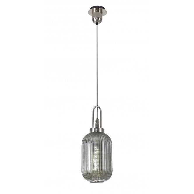 Fabula Fabula Springfield Single Pendant - 20cm Tubular Ribbed Glass Shade - Polished Nickel & Smoked Glass